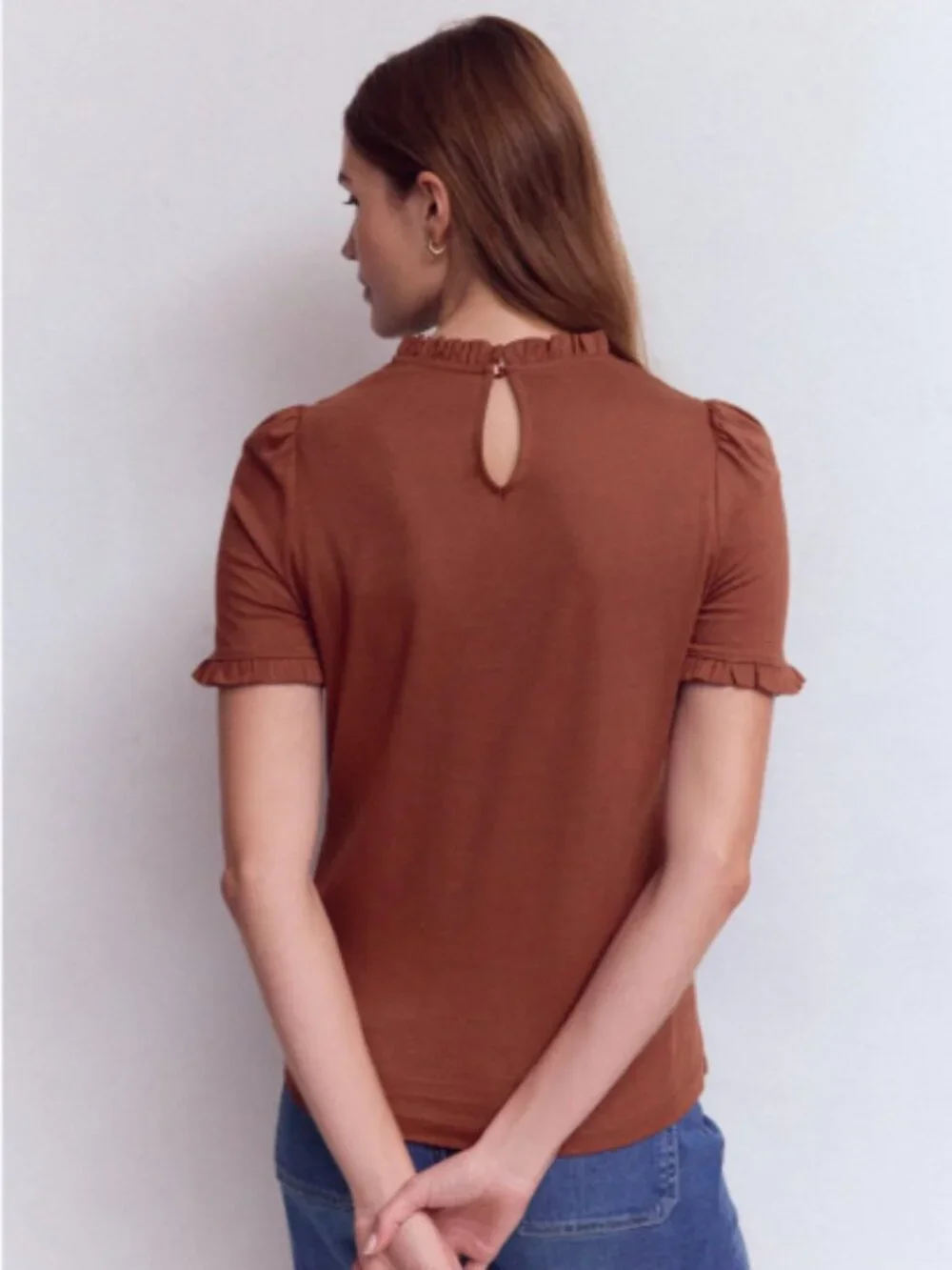 NEW Boden Supersoft Frill Detail T-Shirt Roasted Brown Cotton Short Sleeve Top - Picture 2 of 11